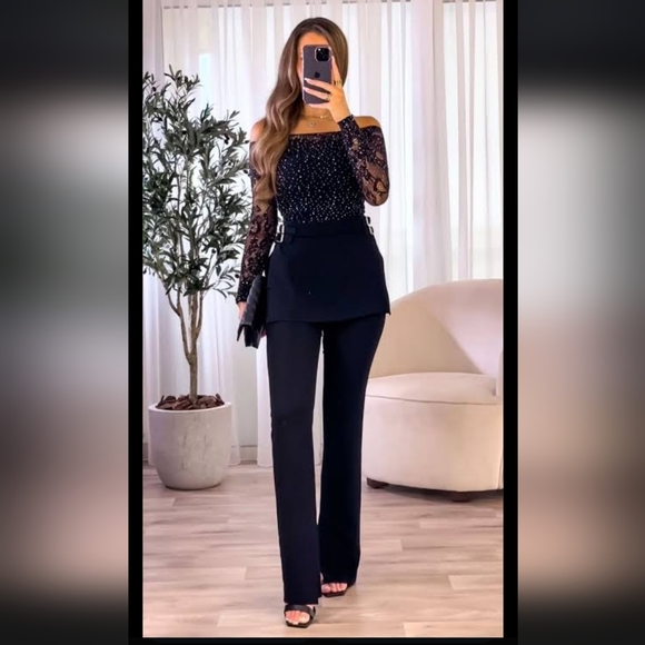 Zara Pants - Zara Black Lace With Rhinestone Stretchy Mesh Top